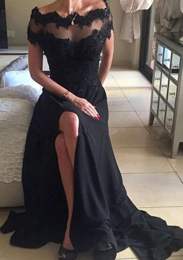 Chiffon Sweep Train A-Line/Princess Sleeveless Off-The-Shoulder Zipper Prom Dress With Beaded