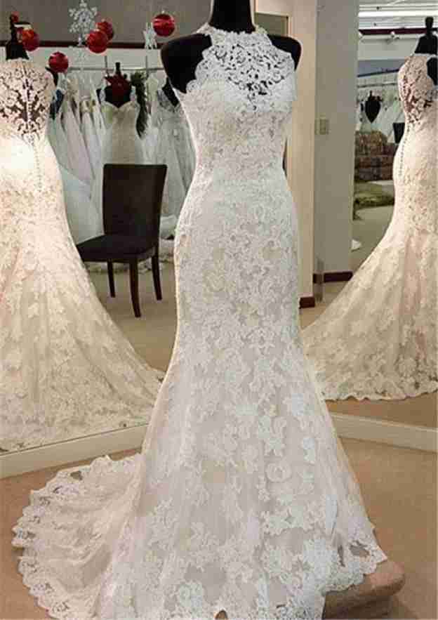 Lace Wedding Dress Sheath/Column Scoop Neck Sweep Train