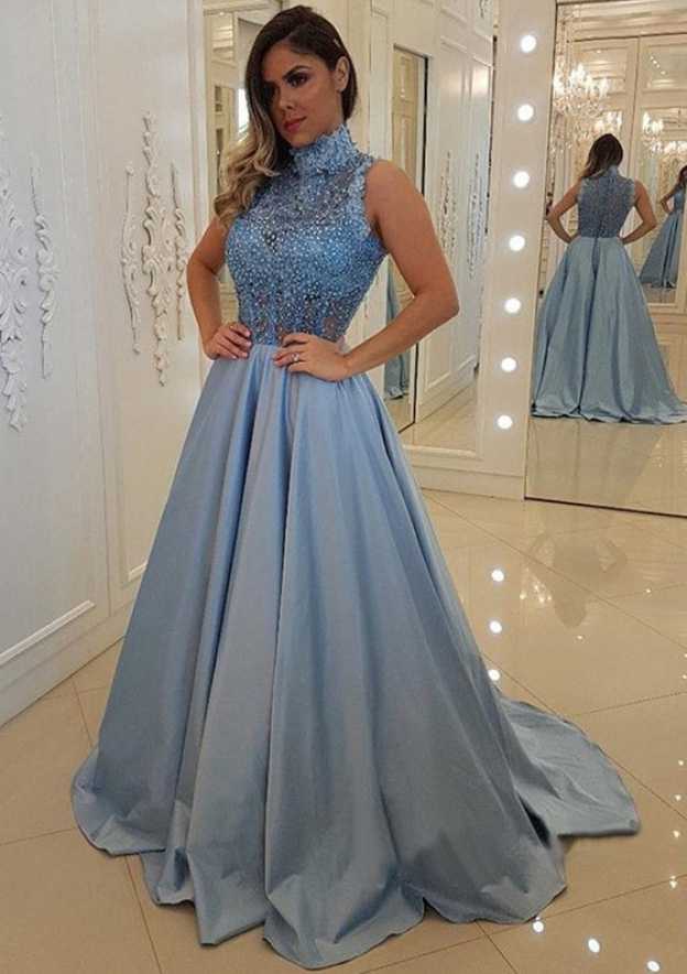 a-line princess prom dresses luxurious sweep train v-neck sleeveless Princess A-line V-neck Sleeveless Tulle Satin Sweep Train Prom Dress,  Glitter
