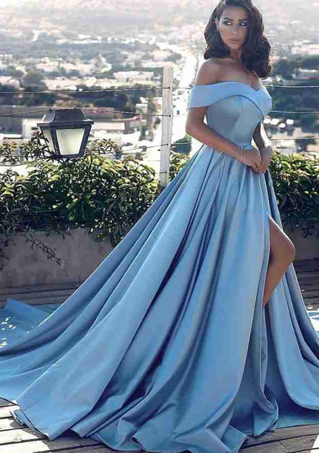 A-line/Princess Off-the-Shoulder Sleeveless Court Train Satin Prom Dress With Pleated Split