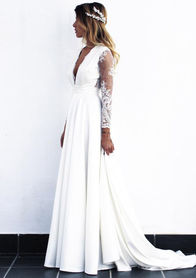 A-line/Princess V Neck Full/Long Sleeve Court Train Elastic Satin Wedding Dress With Lace