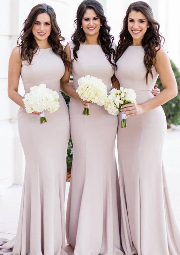 Sheath/Column Bateau Sleeveless Sweep Train Stretch Crepe Bridesmaid Dresses With Pleated