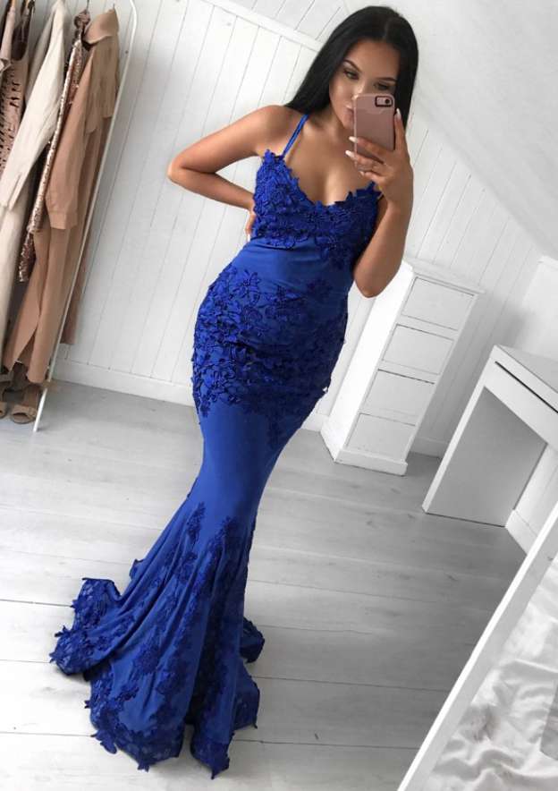 Trumpet/Mermaid V Neck Sleeveless Sweep Train Jersey Evening Dress With Appliqued