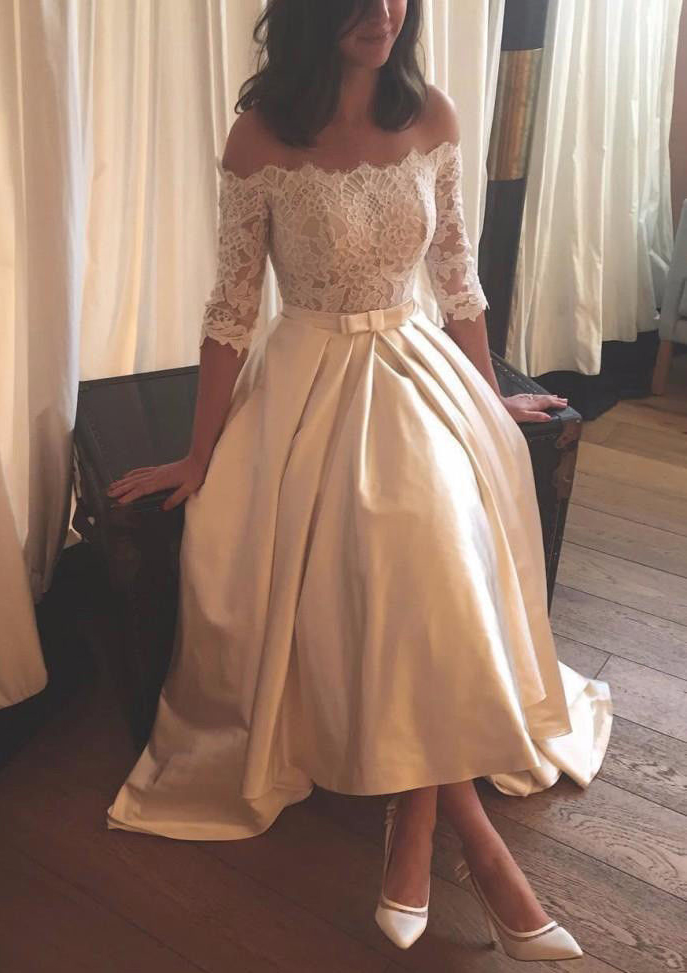 A-line/Princess Off-the-Shoulder Half Sleeve Asymmetrical Satin Wedding Dress With Lace