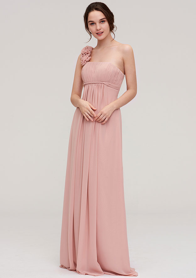 one shoulder flower bridesmaid dresses Rose Floral One Shoulder Chiffon Long Bridesmaid Dresses, Blushing Pink