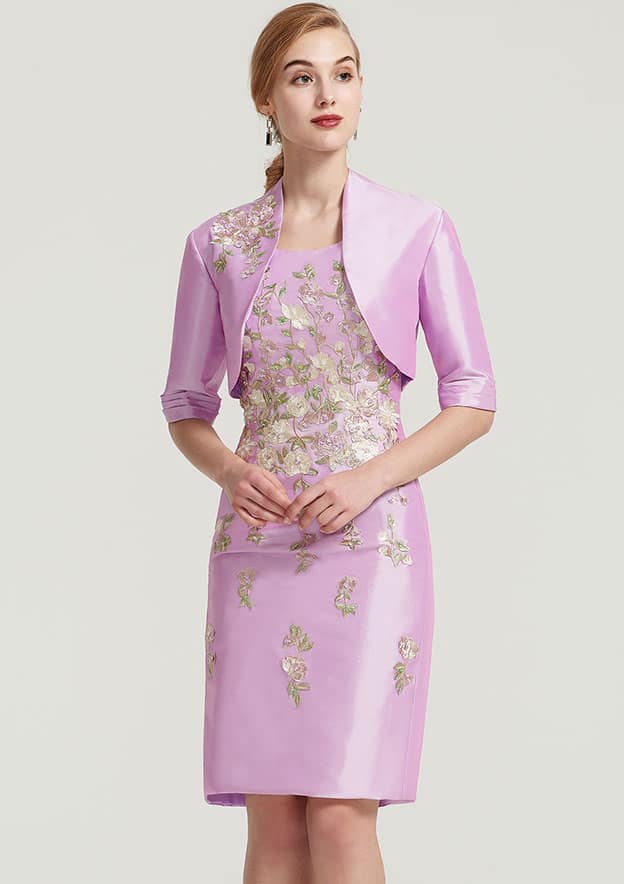 Sheath/Column Bateau Sleeveless Knee-Length Taffeta Mother of the Bride Dress With Jacket Appliqued