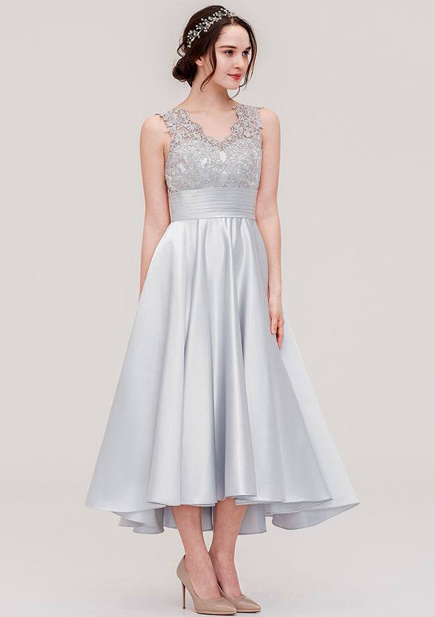Satin Bridesmaid Dress A-line/Princess V Neck Sleeveless Asymmetrical With Pleated Lace