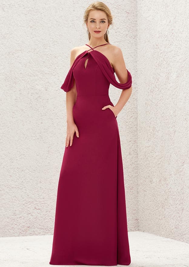 A-line Scalloped Neck Sleeveless Chiffon Long/Floor-Length Bridesmaid Dress With Pockets