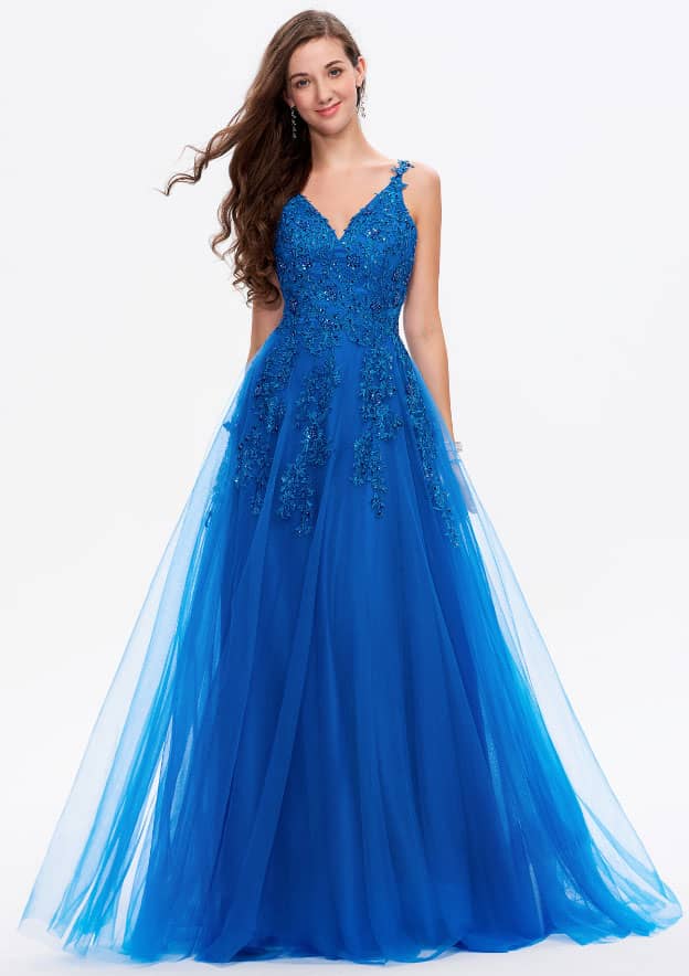 A-line V Neck Sleeveless Tulle Long/Floor-Length Prom Dress With Lace