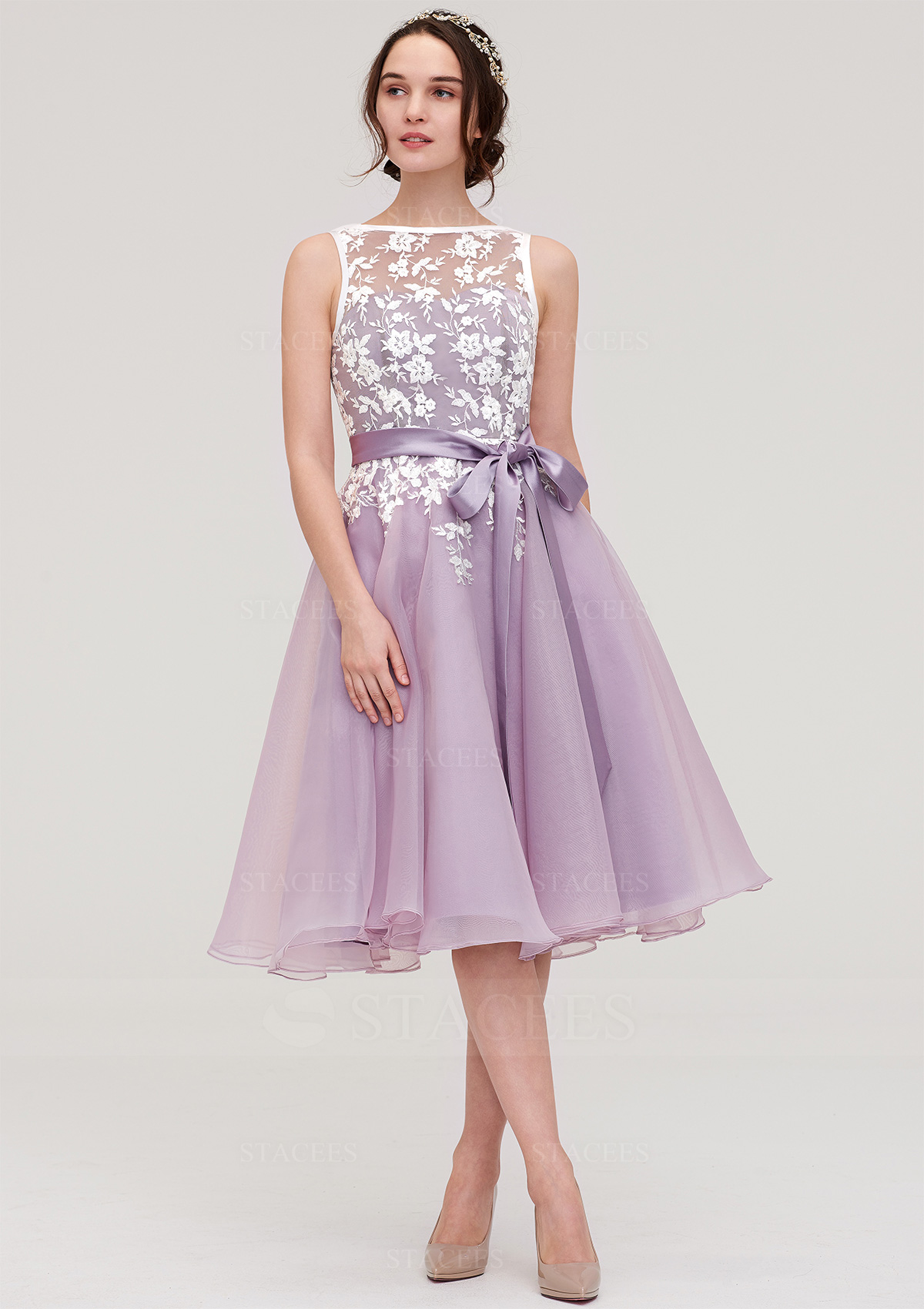 Stacees Bridesmaid Dresses A-Line Bateau Knee-Length Organza Sashes Lace