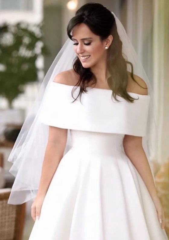 Ivory Satin Wedding Dress A-line/Princess Off-the-Shoulder Sleeveless Asymmetrical With Pleated - STACEES