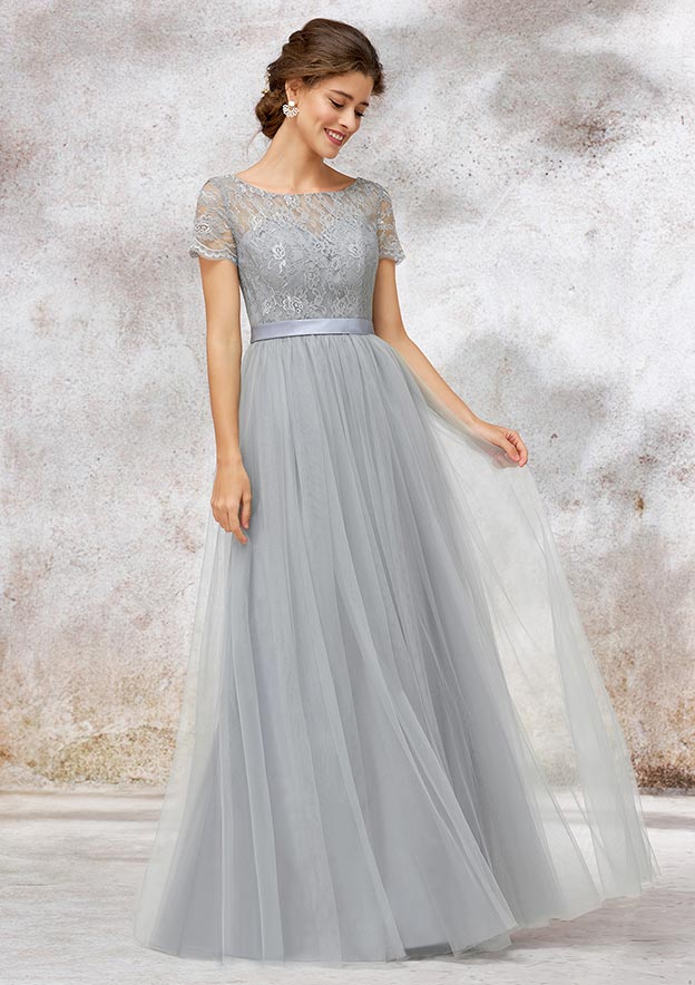 Tulle Bridesmaid Dress A-line/Princess Bateau Short Sleeve Long/Floor-Length With Lace