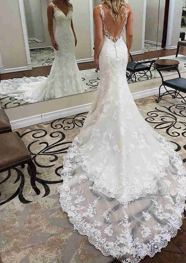 Lace Wedding Dress Trumpet/Mermaid V Neck Sleeveless Chapel Train With Appliqued