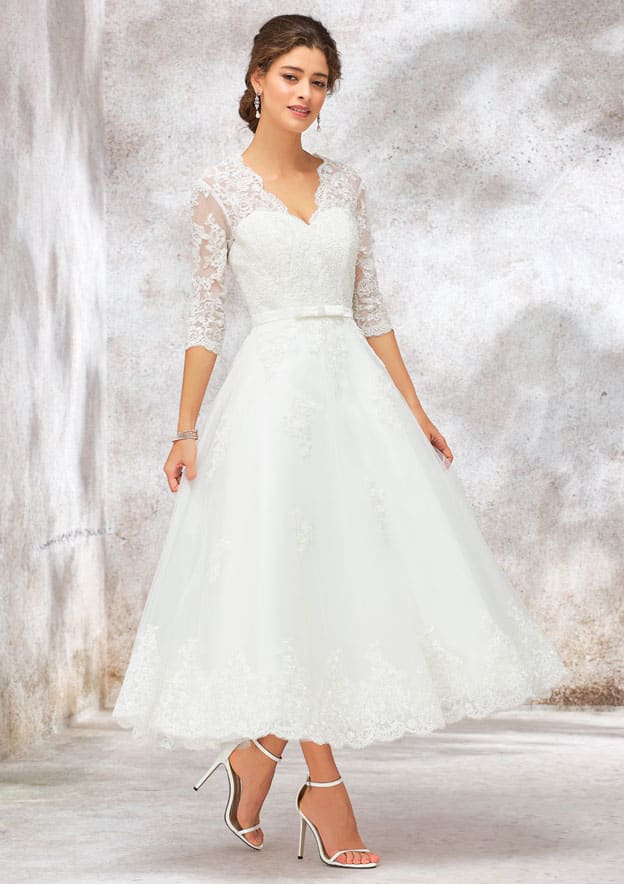 A-line V Neck Half Sleeve Tea-Length Tulle Lace Wedding Dress With Bowknot