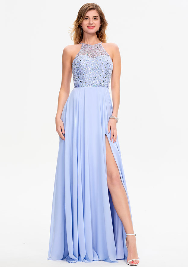 A-line Halter Sleeveless Chiffon Long/Floor-Length Prom Dress With Split Sequins Beading