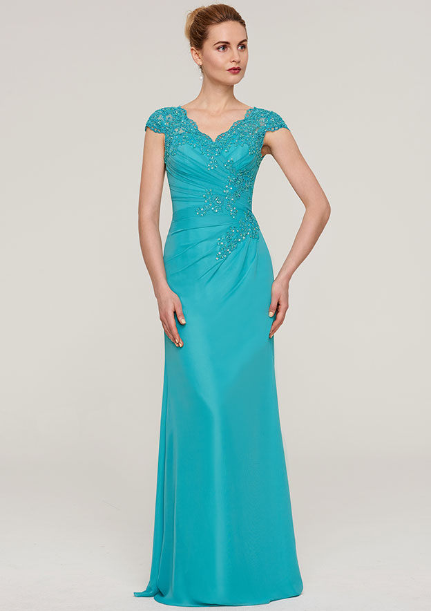 Sheath/Column V Neck Sleeveless Long/Floor-Length Chiffon Mother of the Bride Dress With Pleated Appliqued Beading