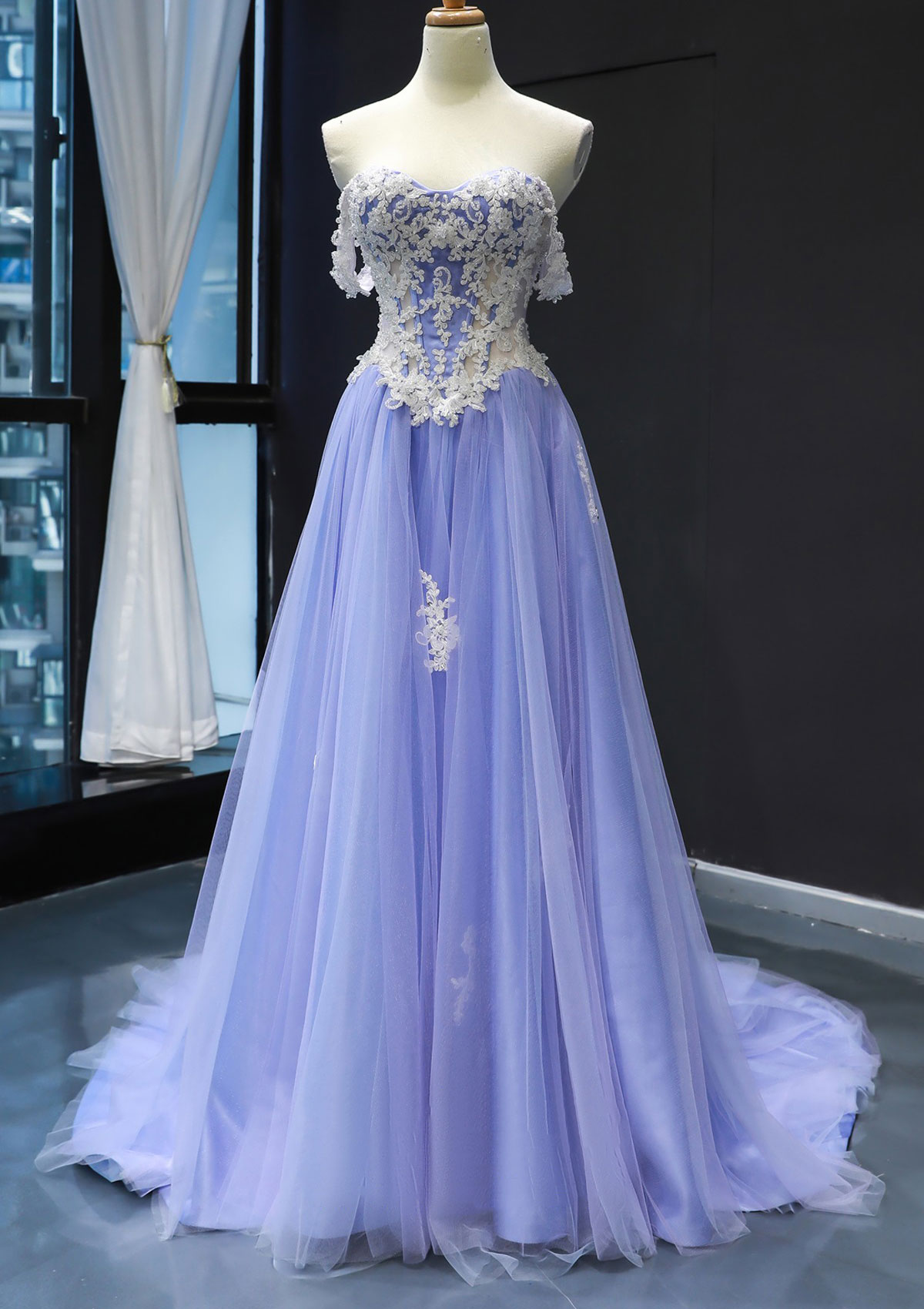 Lavender Princess Off-the-Shoulder Sweep Train Tulle Satin Prom Dress With Appliqued - STACEES