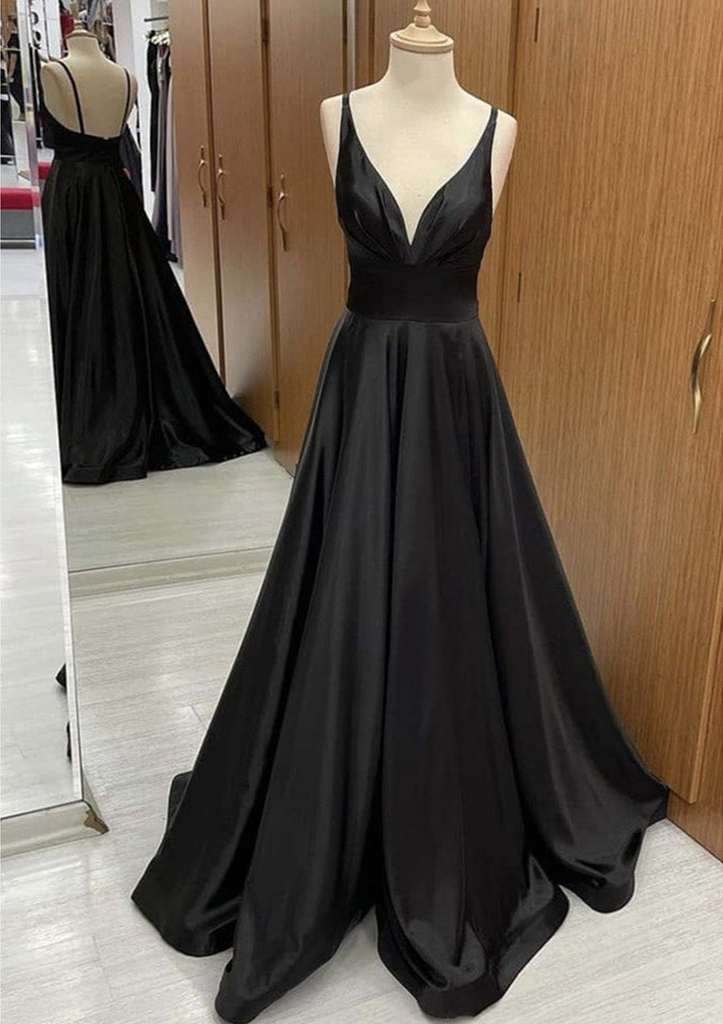 Black A-line V Neck Sweep Train Satin Prom Dress With Pleated - STACEES