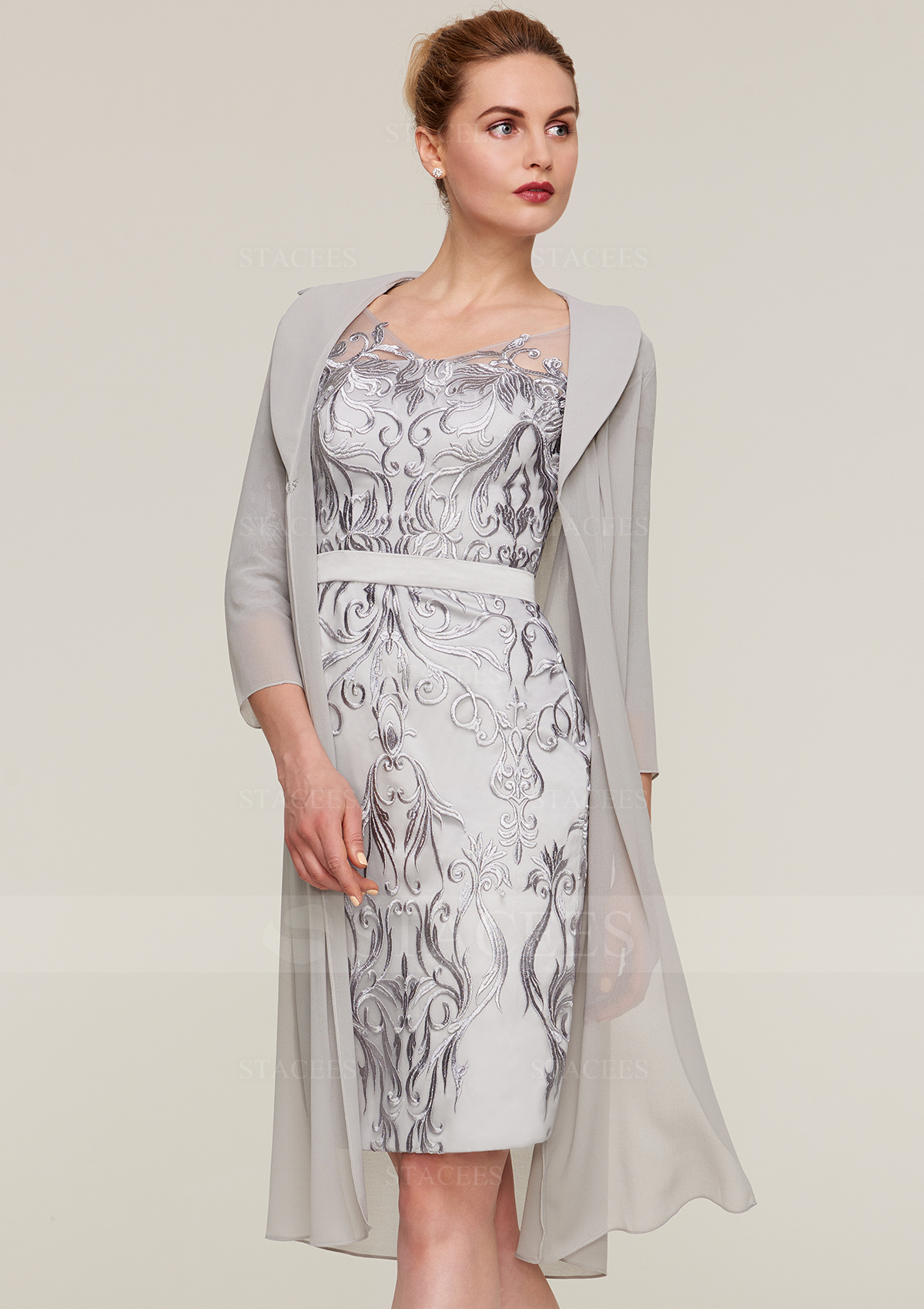 Sheath/Column V Neck 3/4 Sleeve Knee-Length Chiffon Mother of the Bride Dress With Jacket Appliqued Waistband