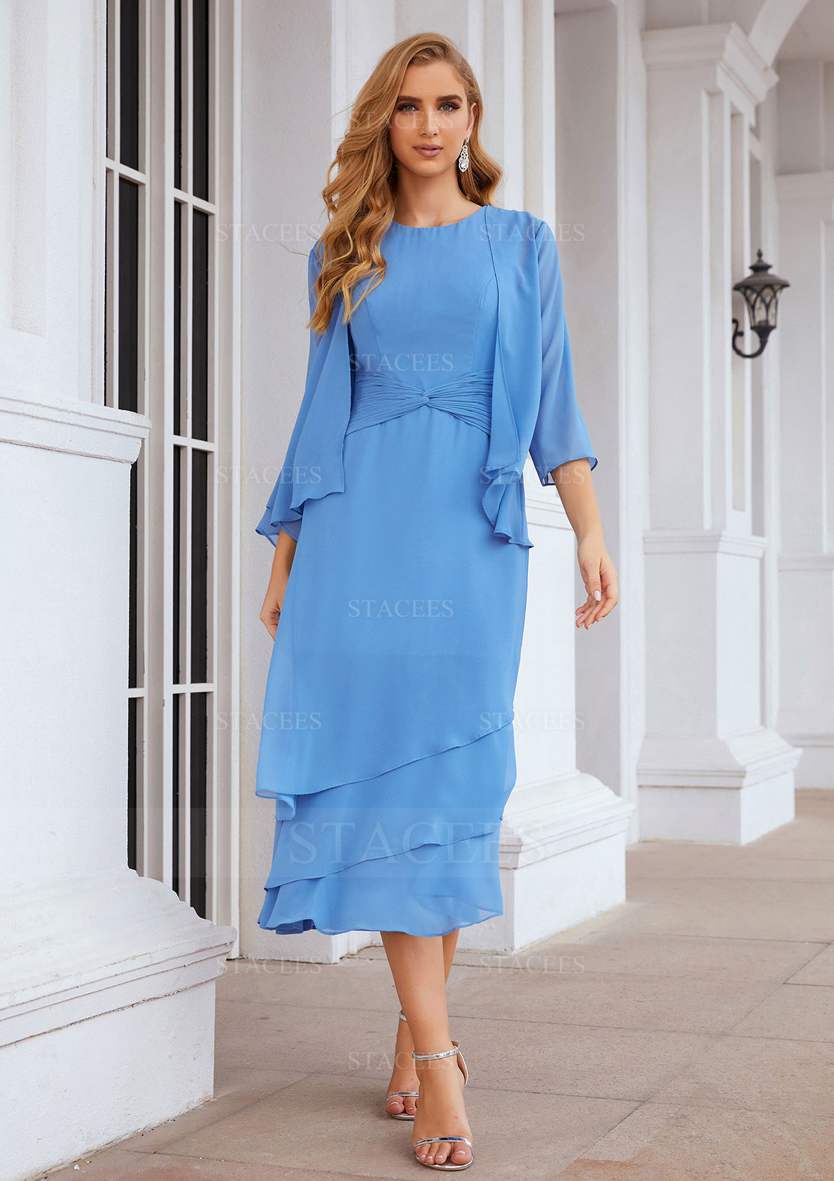 blue tea length mother of the bride dress Stacees Mother of the Bride or Groom Dress A-line Bateau Tea-Length Chiffon Pleated and Jacket