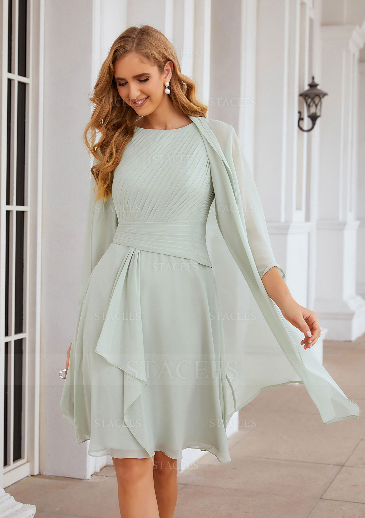 Vestido línea a escote redondo gasa hasta la rodilla vestido de madrina