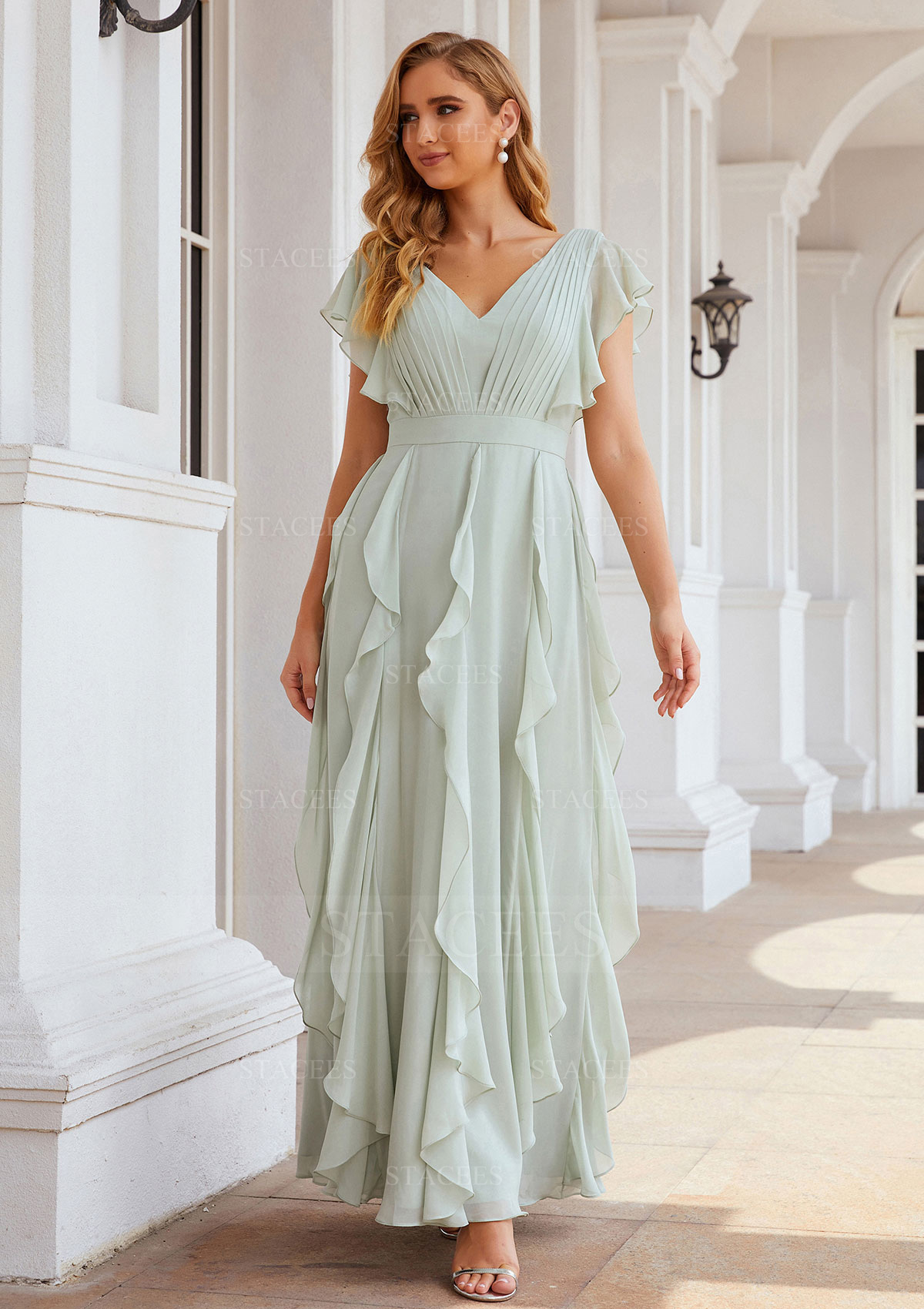 chiffon cap sleeve bridesmaid dress Wedtrend Women Champagne V-Neck Cap Sleeves A-Line Long Chiffon Bridesmaid Dress with Ruffles, Champagne / US2