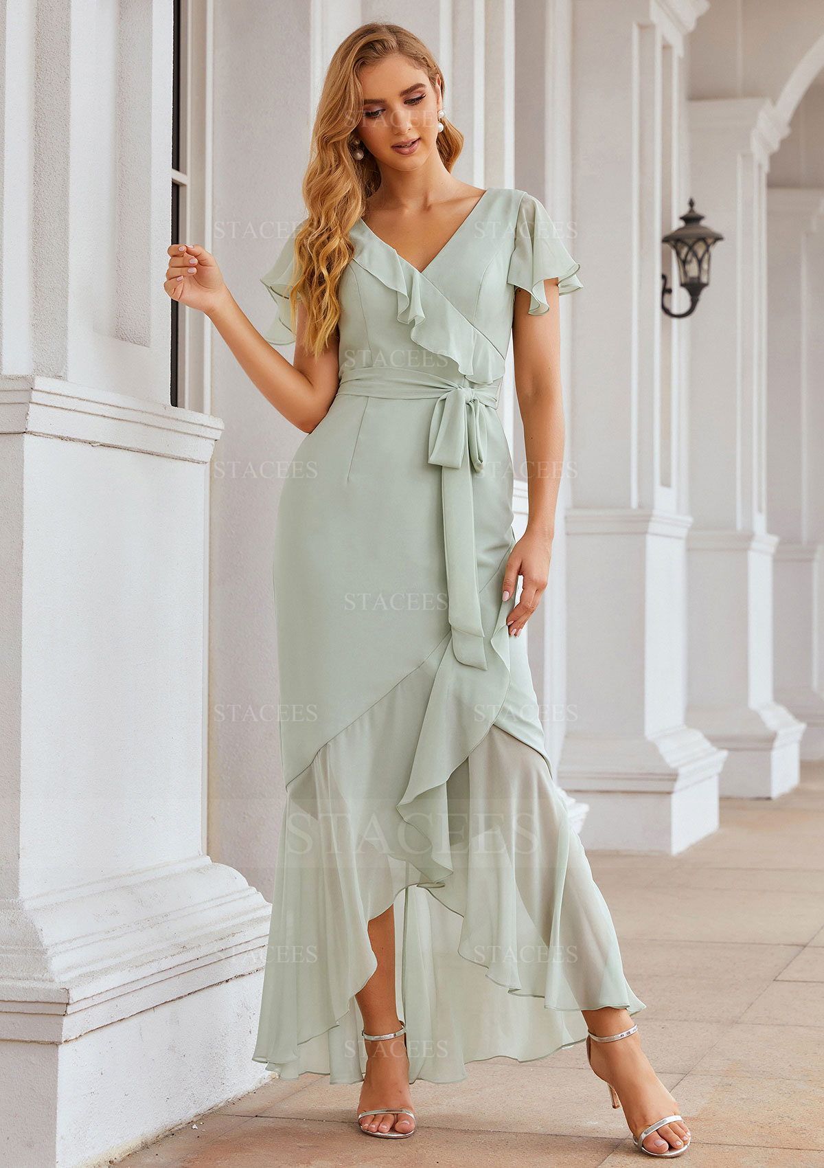 Sheath/Column V Neck Short Sleeve Asymmetrical Chiffon Bridesmaid Dress With Ruffles Waistband Split
