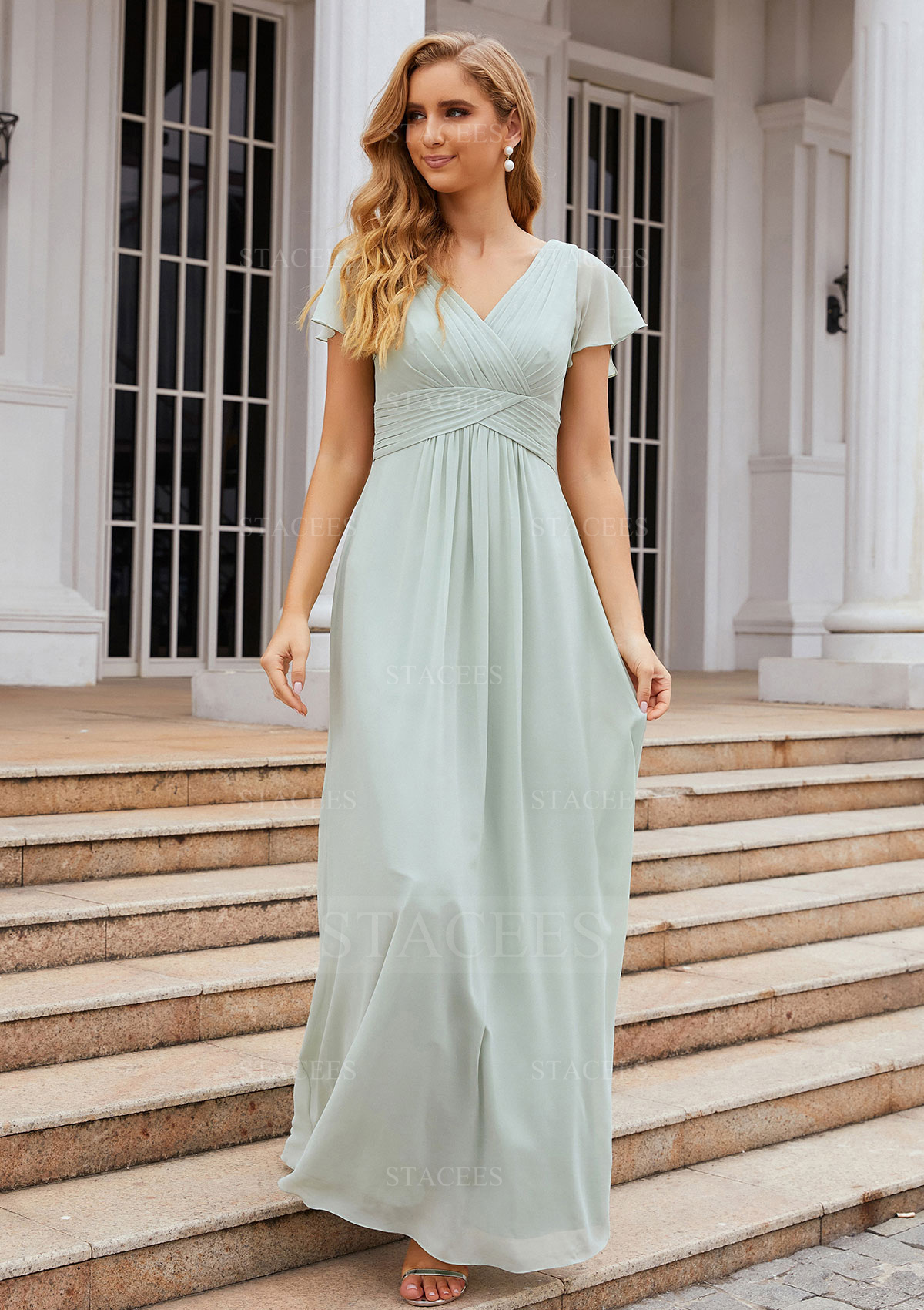 floor length bridesmaid dresses Stacees Dress A-line V Neck Short Sleeve Chiffon Long/Floor-Length Pleated Waistband Stacees Bridesmaid Dress A-line V