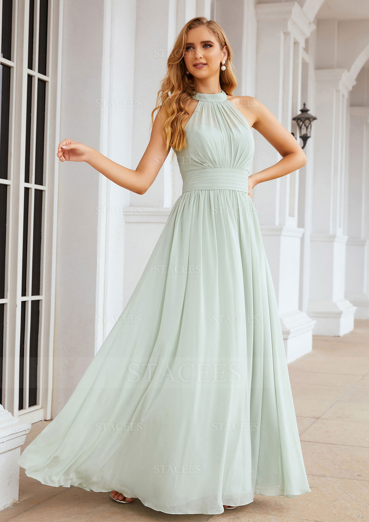 chiffon high neck bridesmaid dress B193061 Long High-Neck Halter Poly Chiffon Bridesmaid Dress with Sash