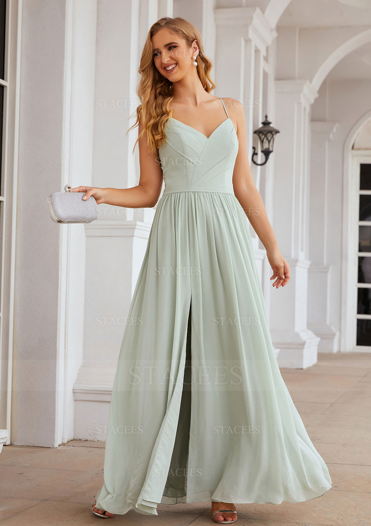v neck a line bridesmaid dress Stacees Bridesmaid Dress A-line V Neck Long/Floor-Length Chiffon Pleated Split
