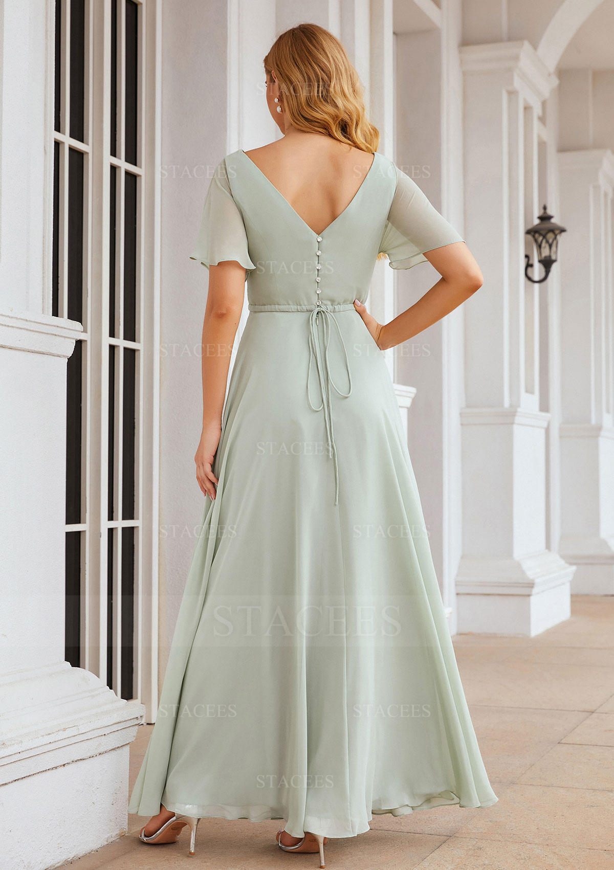 v neck chiffon dress vestidos Plus Size Women's Chiffon Illusion V-Neck Flutter Sleeve Front Slit Evening Dress by Ever-Pretty In Navy Blue (Size 22)