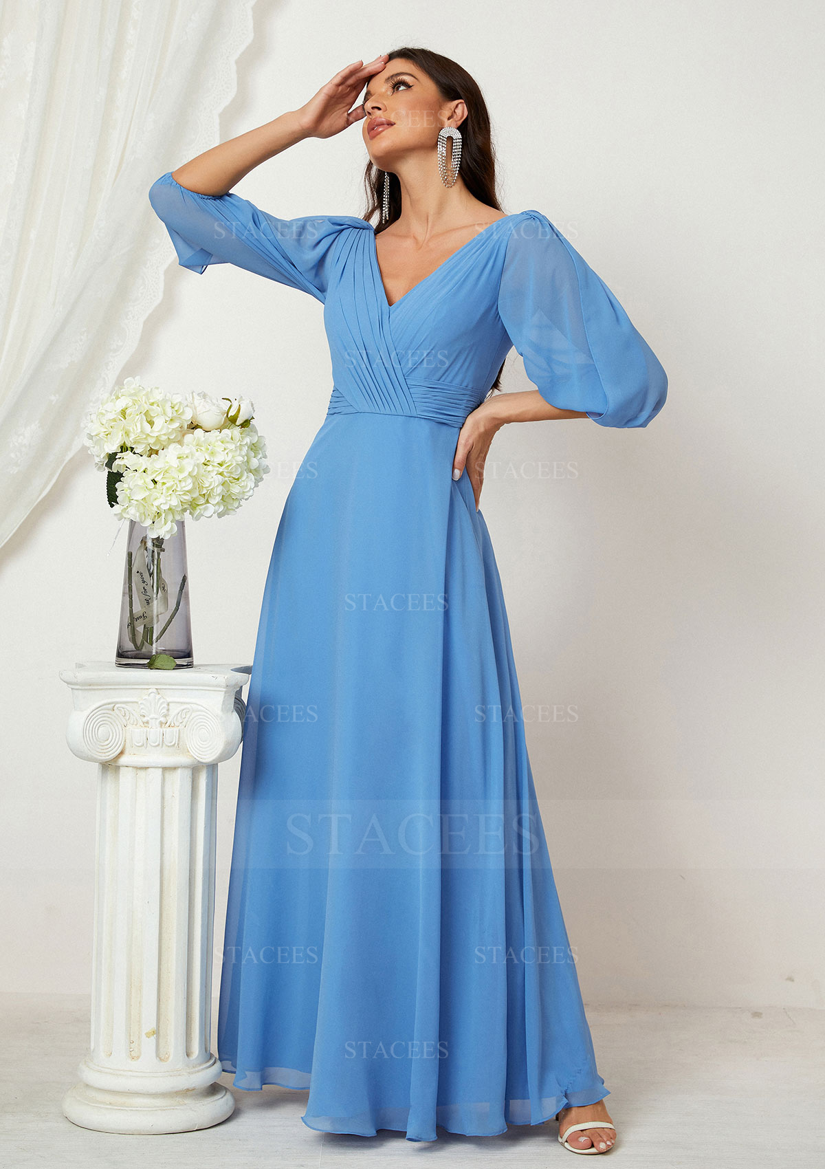 half sleeve long dress for women Elegant Half Sleeves Chiffon Long Bridesmaid Dresses