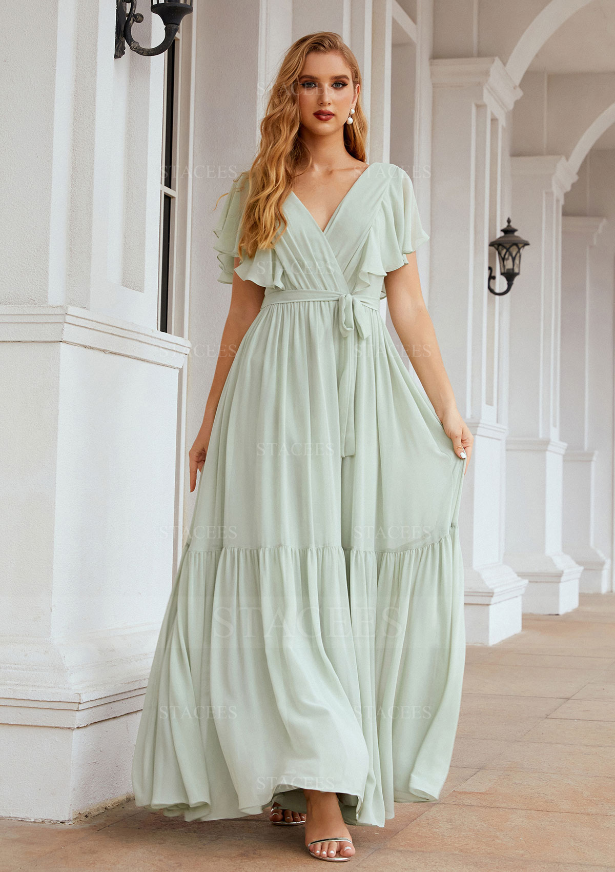 Vestido línea a escote en v gasa hasta el suelo vestido de dama de honor