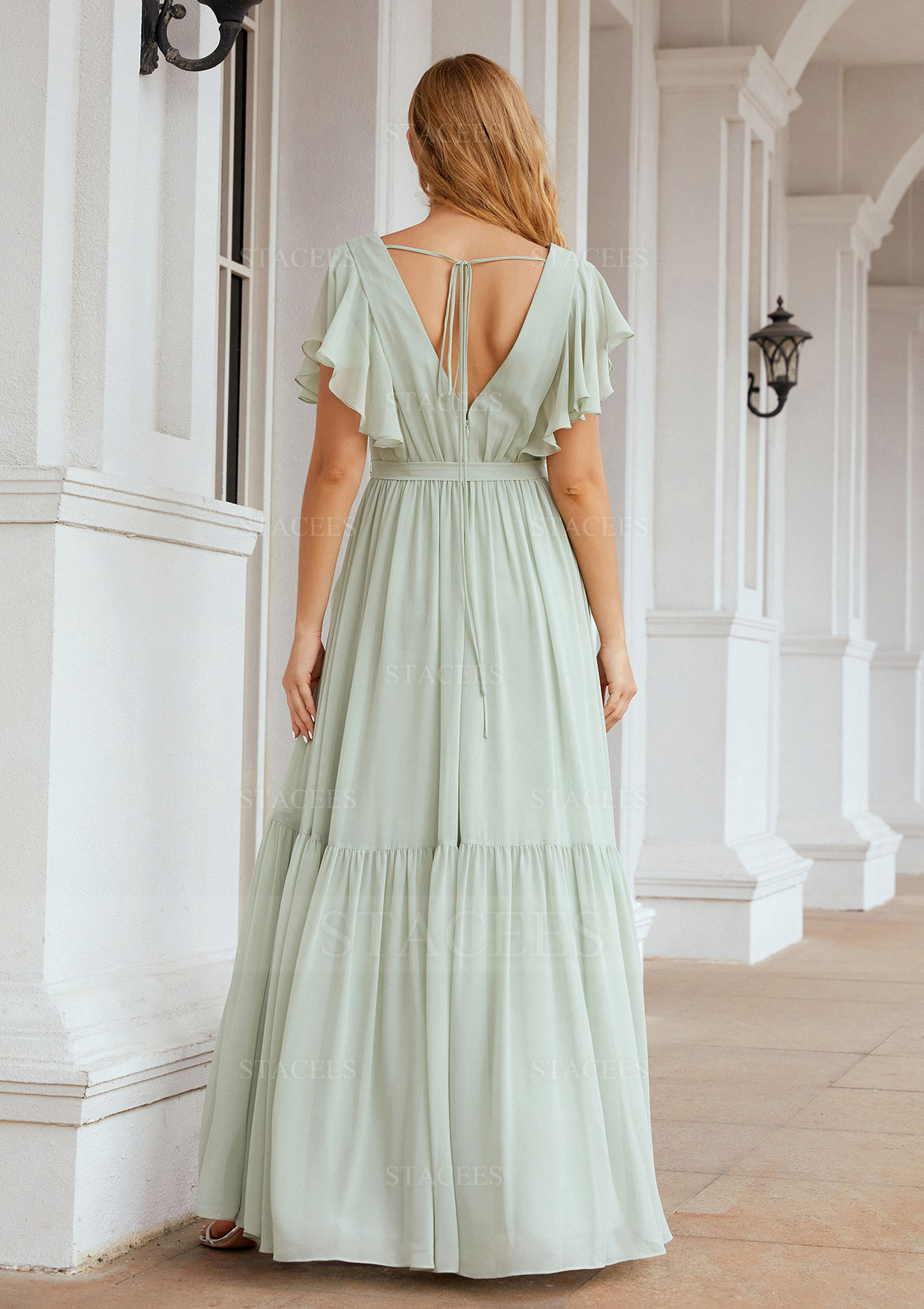 stacey's bridesmaid dresses Elegant Chiffon Short Sleeve Long A-line Dress With Pleated evening party or any damska Navy Blue Off-The-Shoulder A-Line Colour:POWDER BLUE