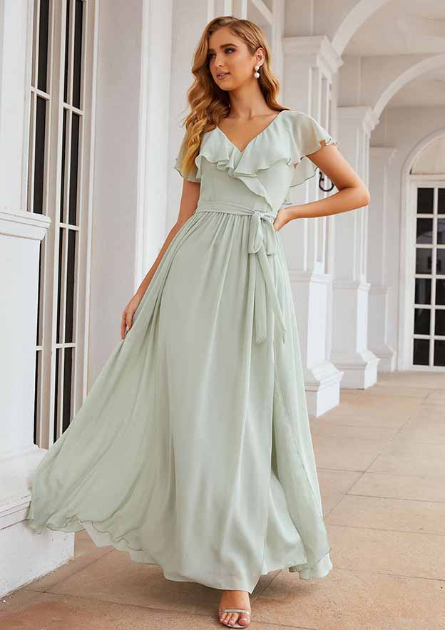 a-line v-neck floor-length chiffon bridesmaid dress with ruffle Stacees Bridesmaid Dress A-line V Neck Short Sleeve Long/Floor-Length Chiffon Sashes Ruffles