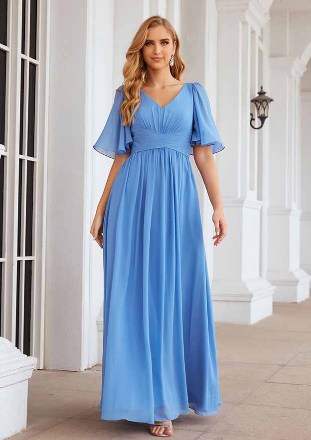 Nice Pleated A-line V Neck Chiffon Long Bridesmaid Dress With Short Sleeve