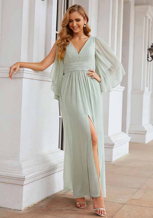 gray long sleeve bridesmaid dress A-Line/Princess V-Neck Long Sleeves Floor-Length Bridesmaid Dresses with Pockets & Split Side Silver
