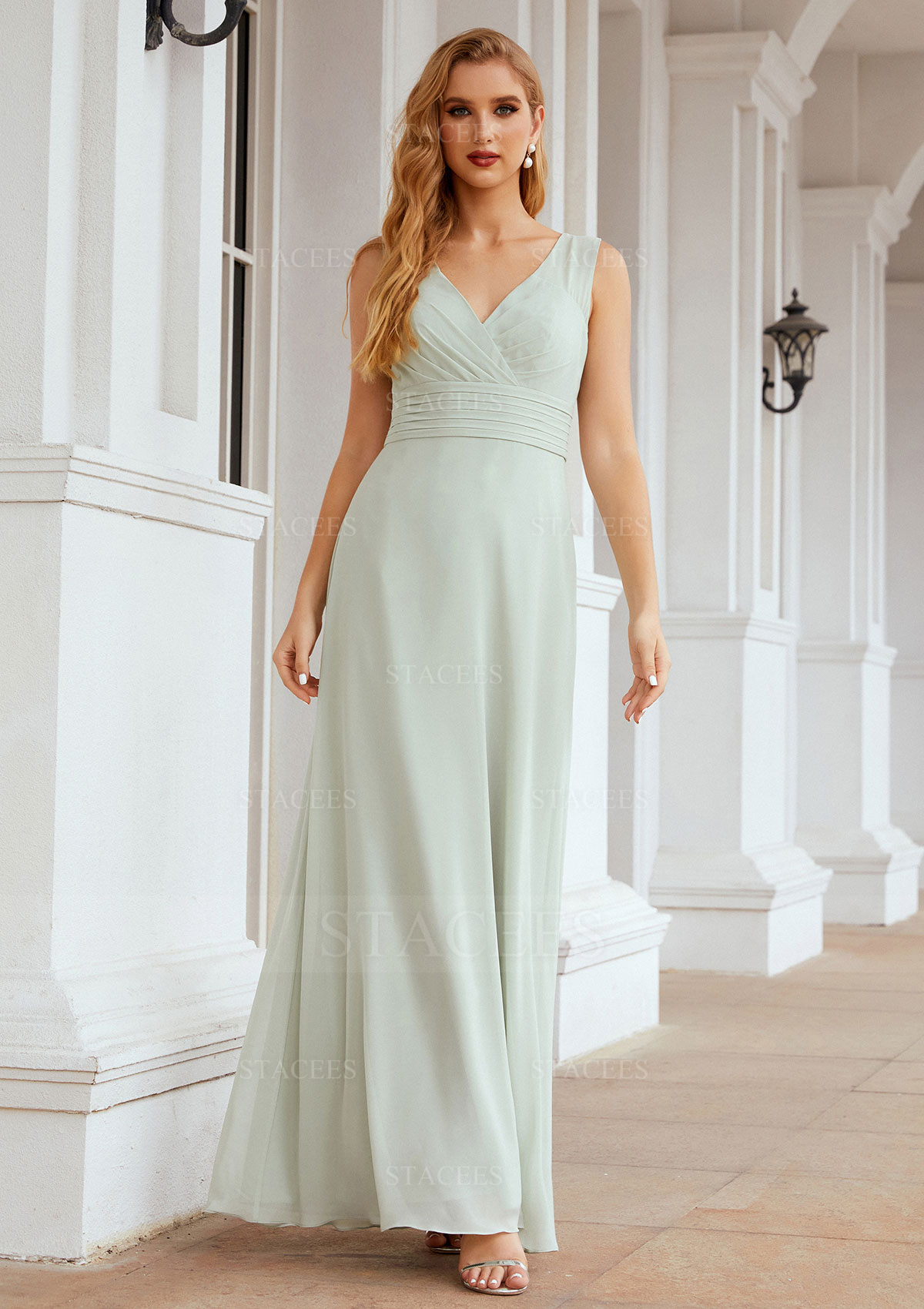 As picture A-line V Neck Long/Floor-Length Chiffon Bridesmaid Dress With Pleated - STACEES