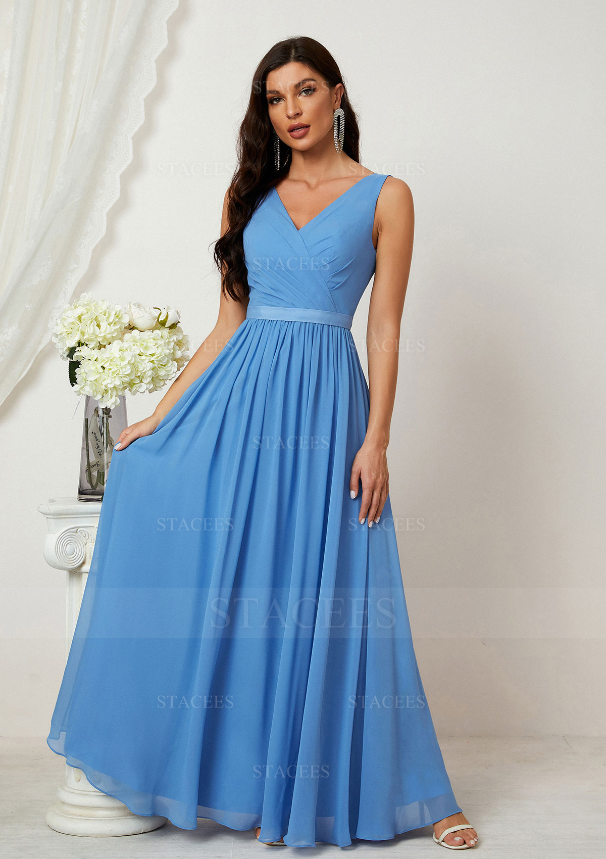 Vestido línea a escote en v gasa hasta el suelo vestido de dama de honor