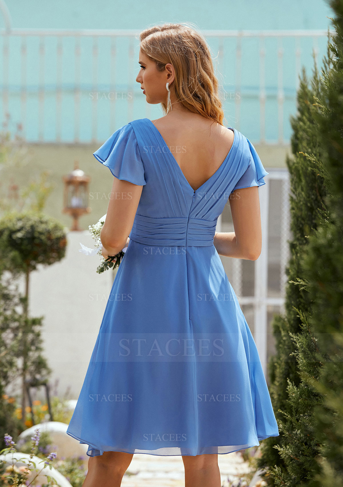 mini bridesmaid dress Stacees Bridesmaid Dress A-line V Neck Short Sleeve Chiffon Short/Mini Pleated