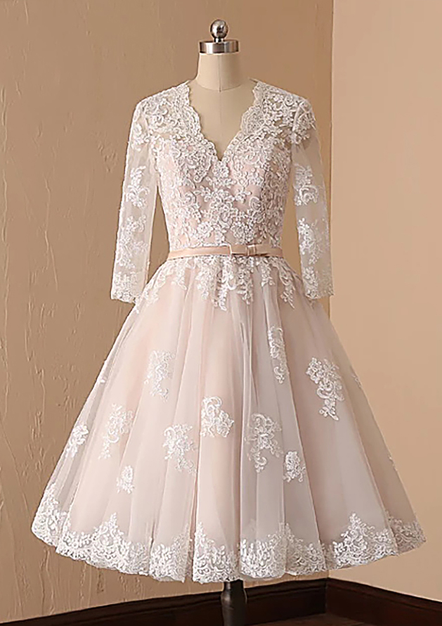Champagne A-line V Neck Full/Long Sleeve Lace Tulle Tea-Length Wedding Dress With Waistband - STACEES