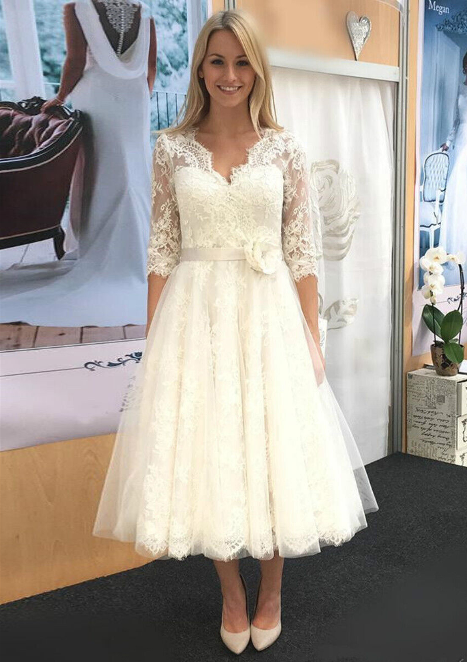 3 4 length sleeve a line dress A-line V Neck 3/4 Sleeve Tulle Lace Tea-Length Wedding Dress With Waistband  Flower - Wedding Dresses