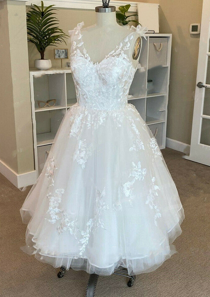 Ivory A-line V Neck Sleeveless Lace Tulle Tea-Length Wedding Dress - STACEES