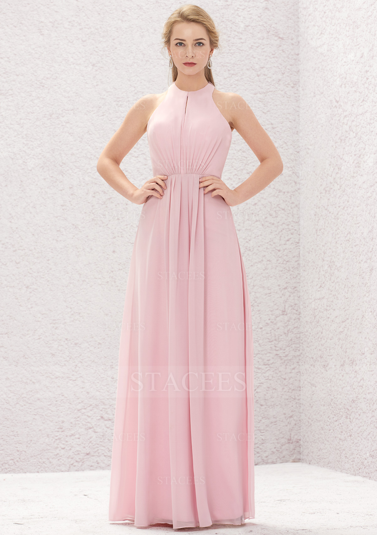 Alluring A-line Halter Chiffon Floor-Length Bridesmaid Dress With Pleated