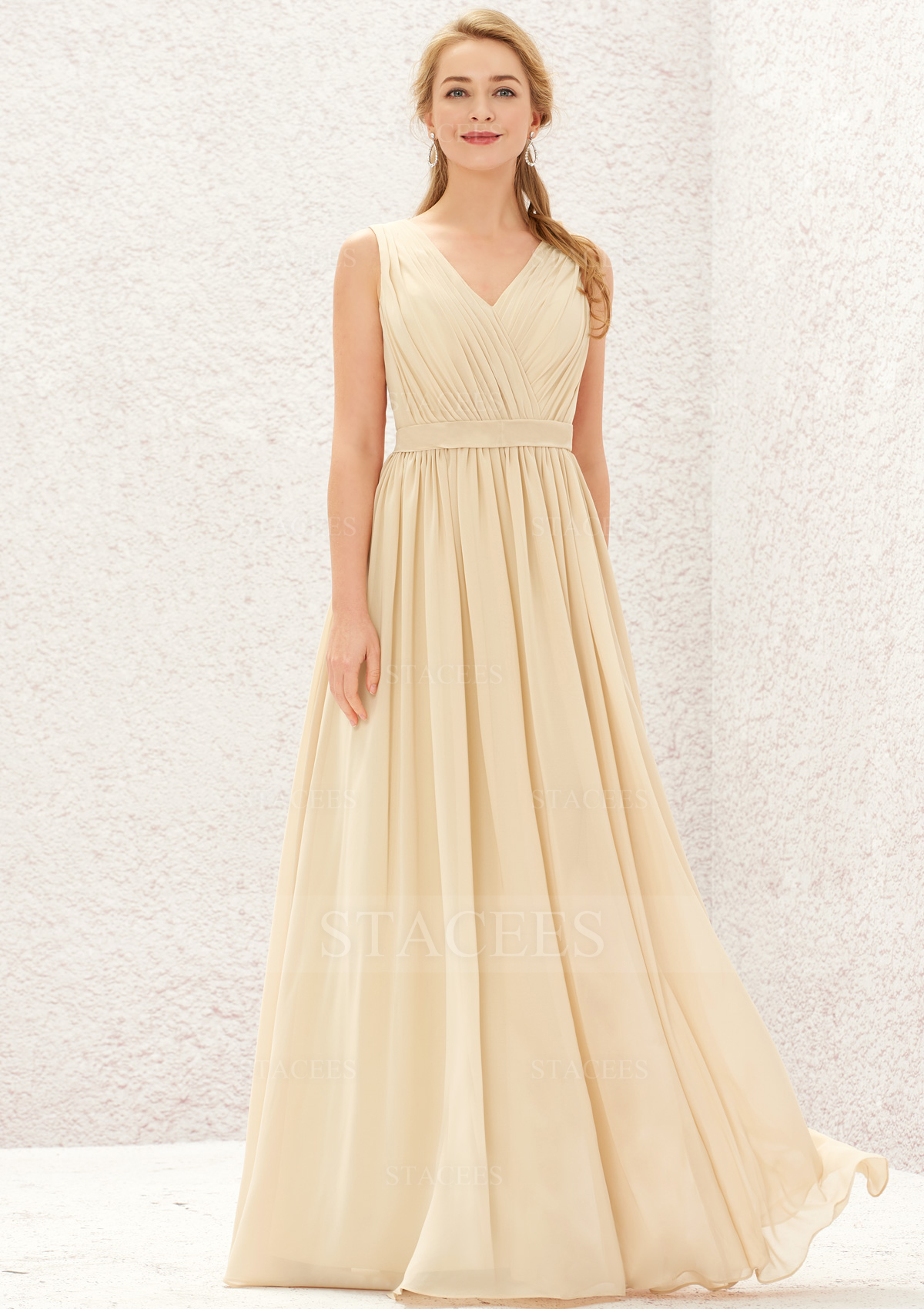 Champagne Robe trapèze col en v mousseline longueur ras du sol robe de demoiselle d'honneur avec appliqué - STACEES