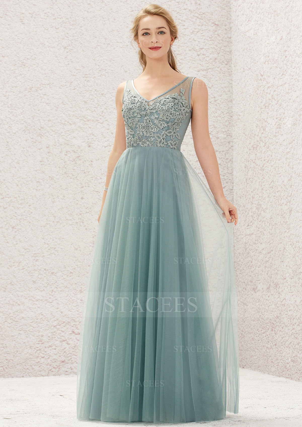 Trapèze col en v tulle longueur ras du sol robe de demoiselle d'honneur bleu poudré 