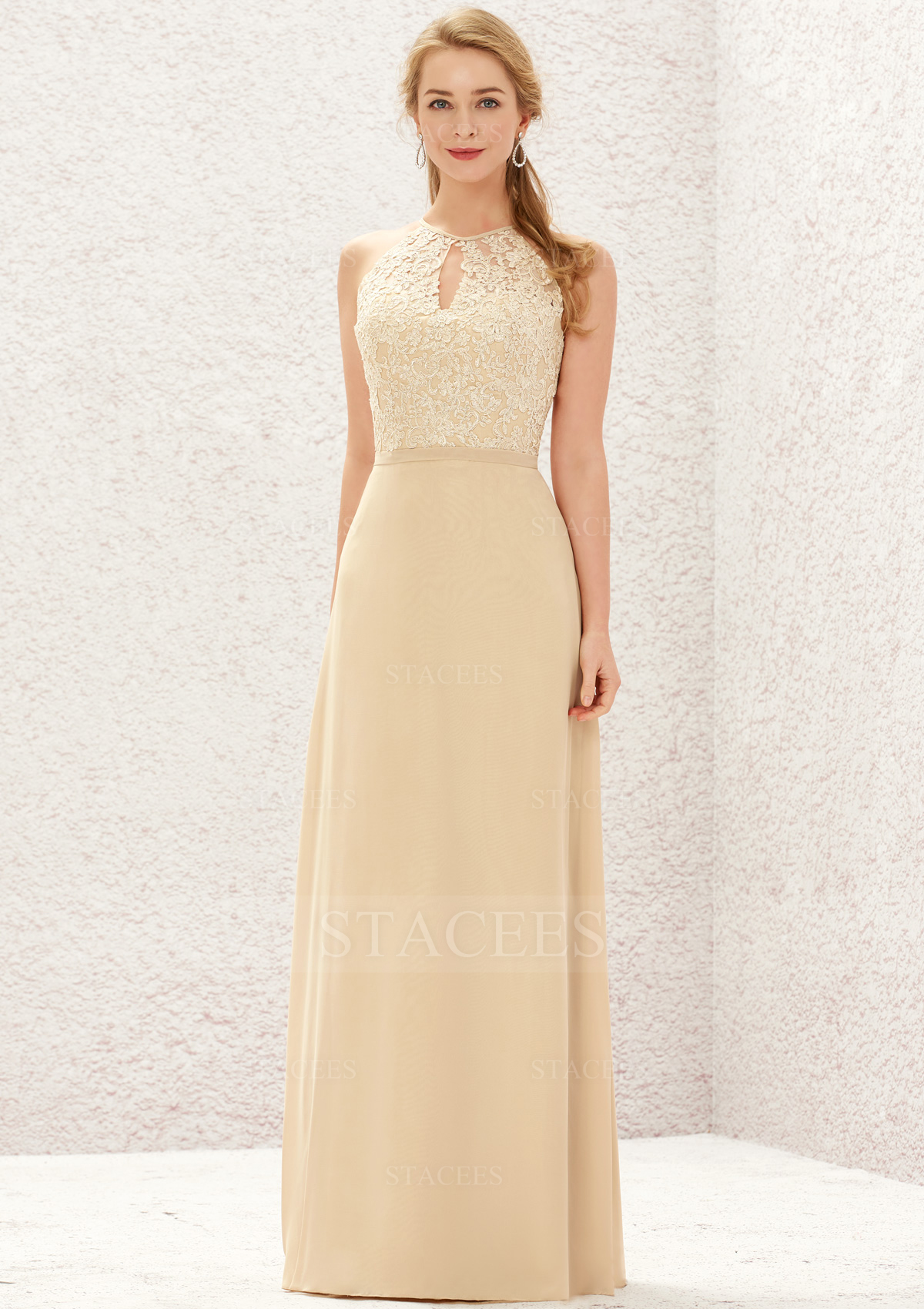 A-line Halter Sleeveless Long/Floor-Length Chiffon Bridesmaid Dress With Appliqued