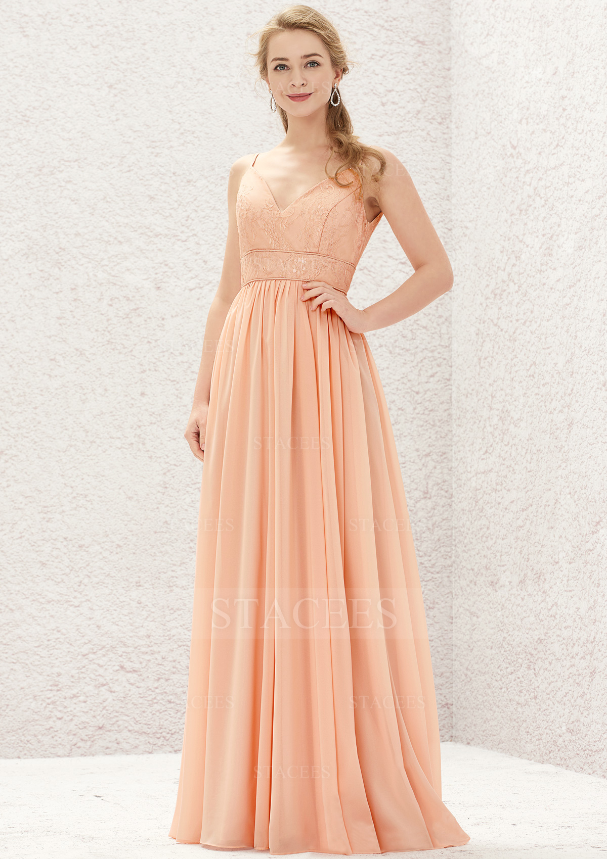 A-line V Neck Sleeveless Long/Floor-Length Chiffon Bridesmaid Dress With Lace