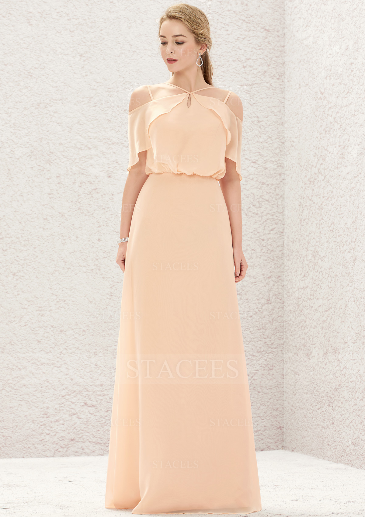 Vestido línea a cuello halter gasa hasta el suelo vestido de dama de honor