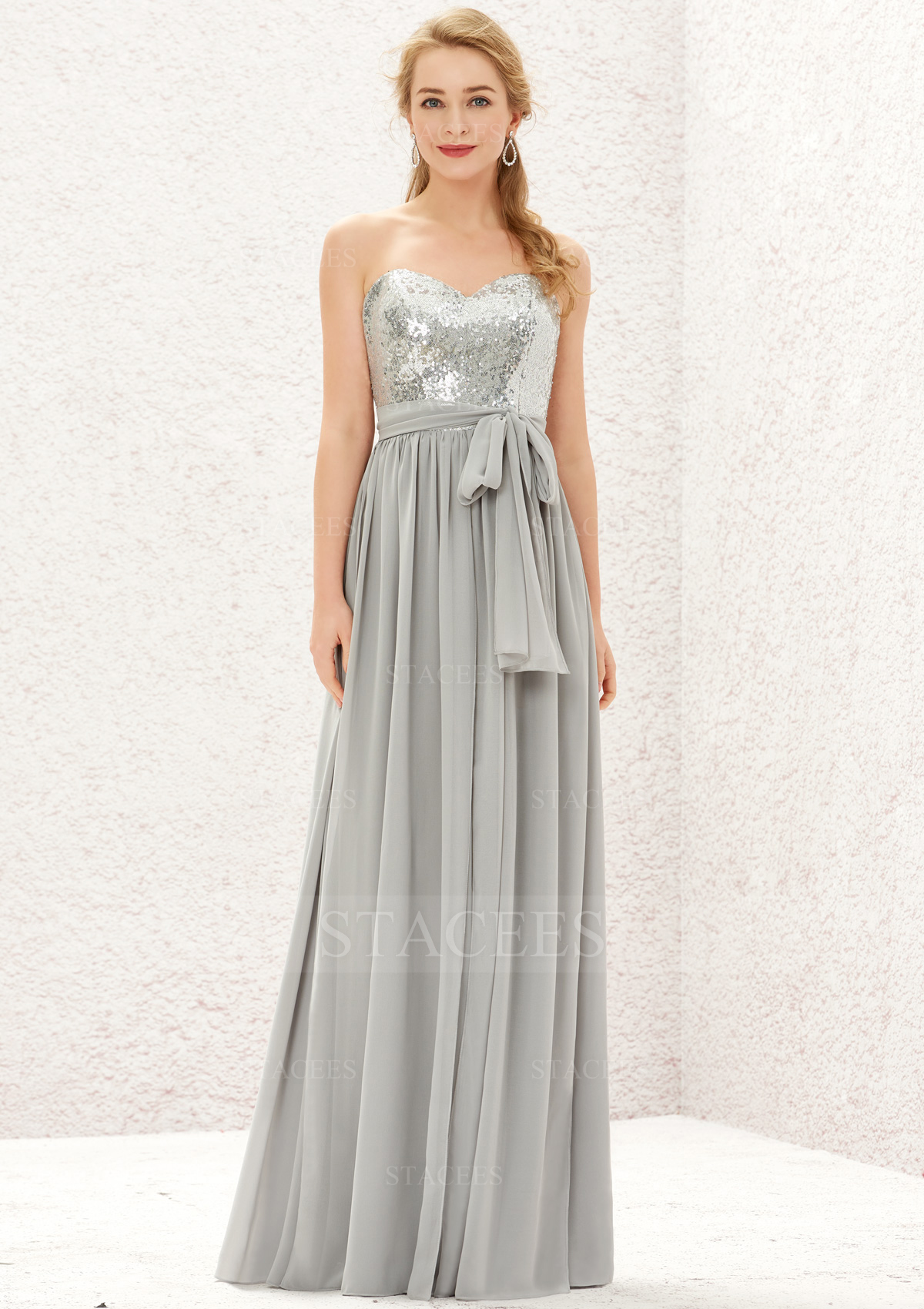Vestido línea a gasa lentejuelas hasta el suelo vestido de dama de honor